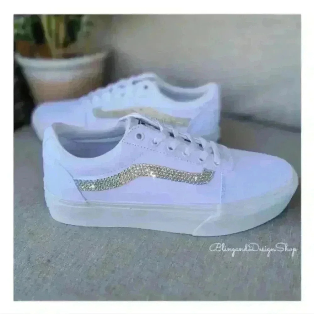 Vans Platform Old Skool White Sneakers Shoes Customized with Swarovski Crystals - Picture 3 of 9